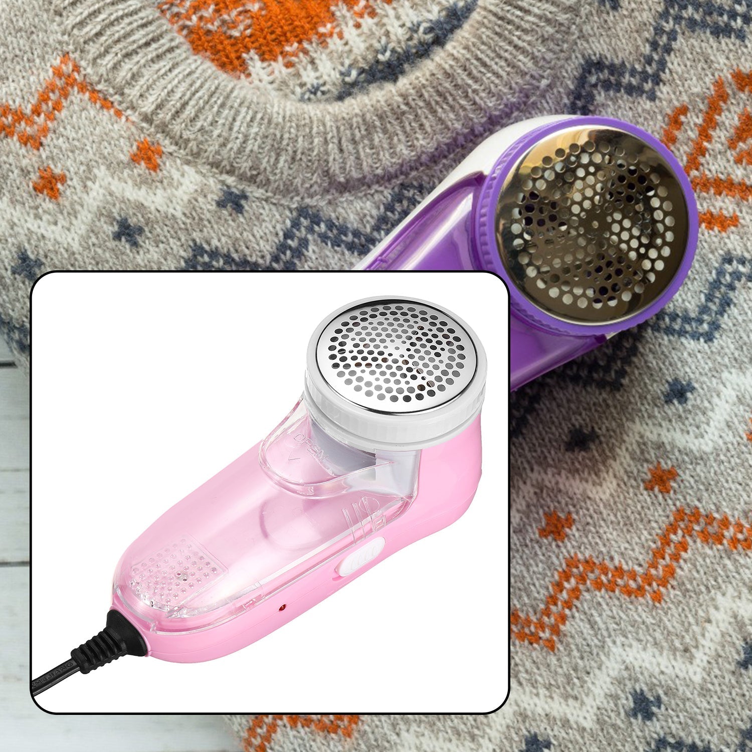 Lint remover tool designed for woolen fabrics, showing its sleek handle and blade Lint remover tool designed for woolen fabrics, showing its sleek handle and blade